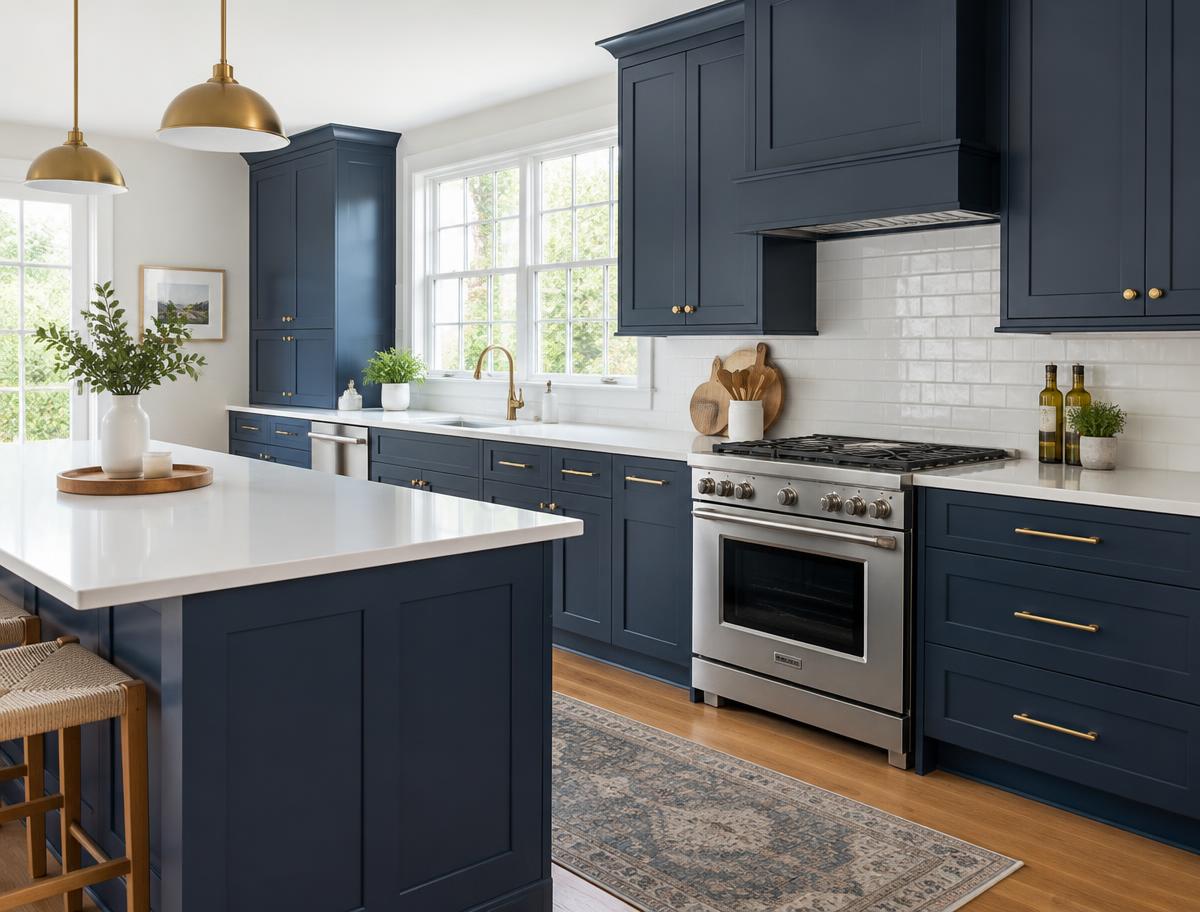 Kitchen cabinets painted navy blue with brass hardware