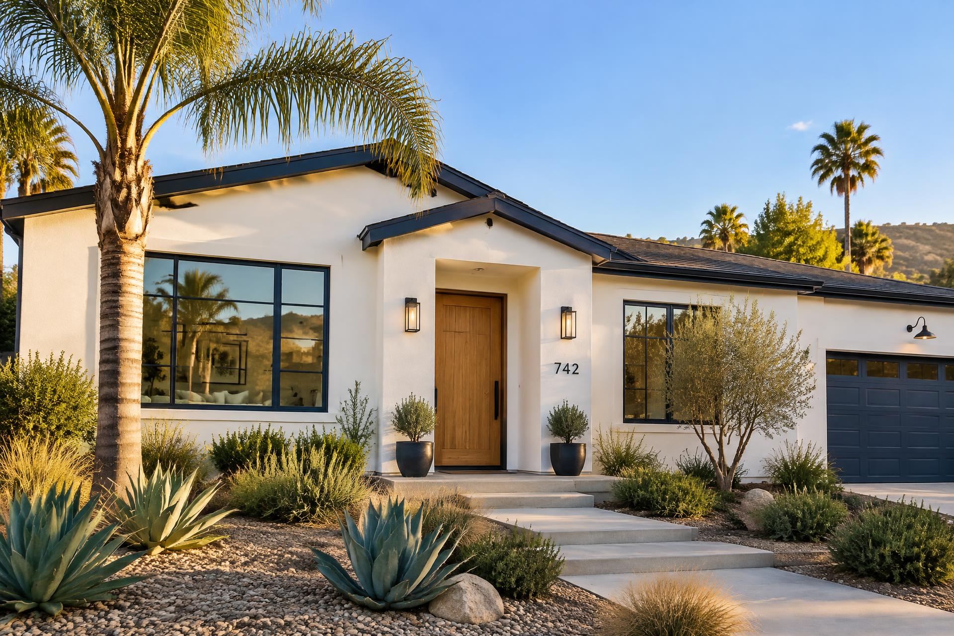 Freshly painted modern Southern California home with white stucco and navy trim